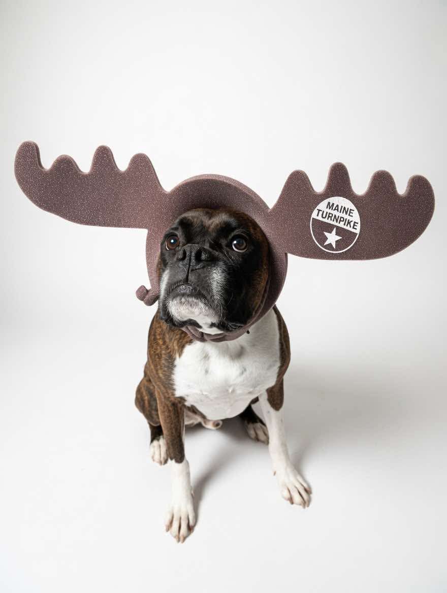 Sophie, a Turnpike traveler, showing off her Miles the Moose antlers from a summer visit to the Kennebunk Service Plaza