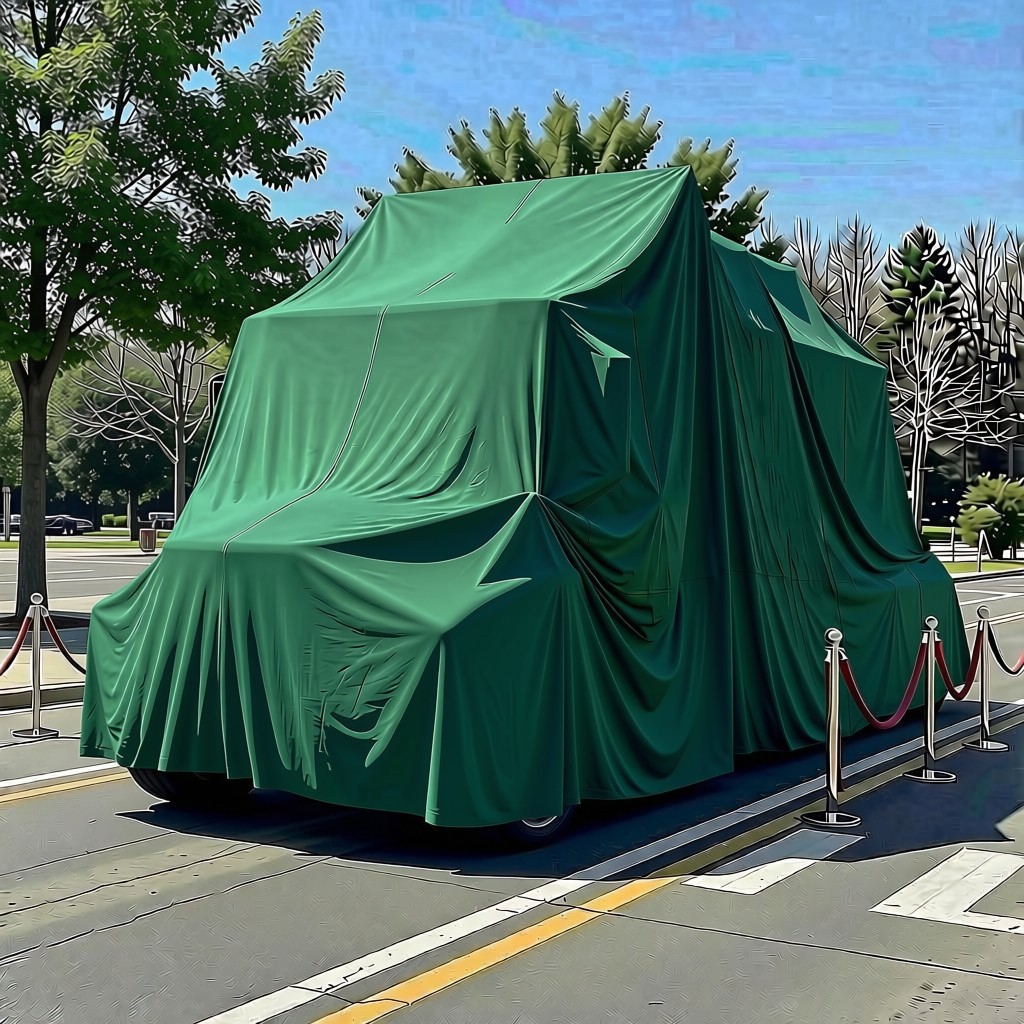Disclaimer: The image of a snowplow truck under a green tarp was generated using artificial intelligence and does not depict the actual truck